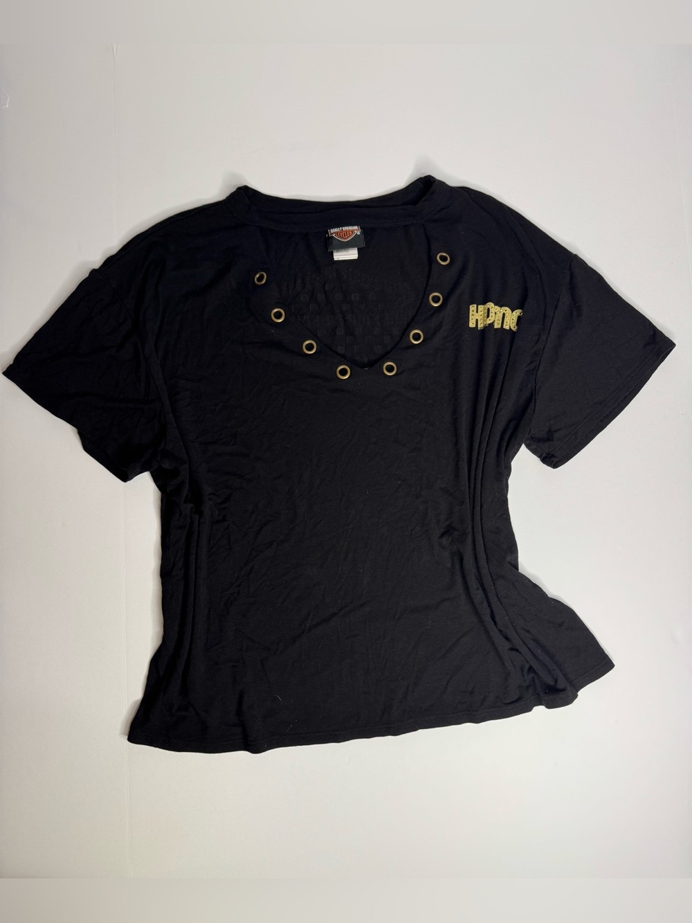 Harley Davidson HDMC Studded Grommet V Neck Tee Black Size L Biker